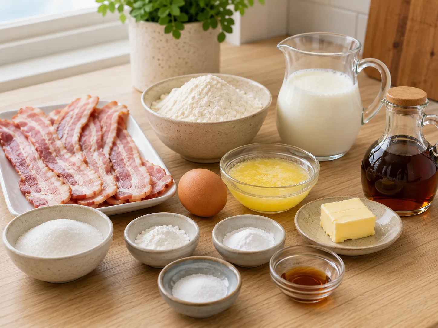 Ingredients for bacon pancakes with bacon, buttermilk, egg, flour, and maple syrup