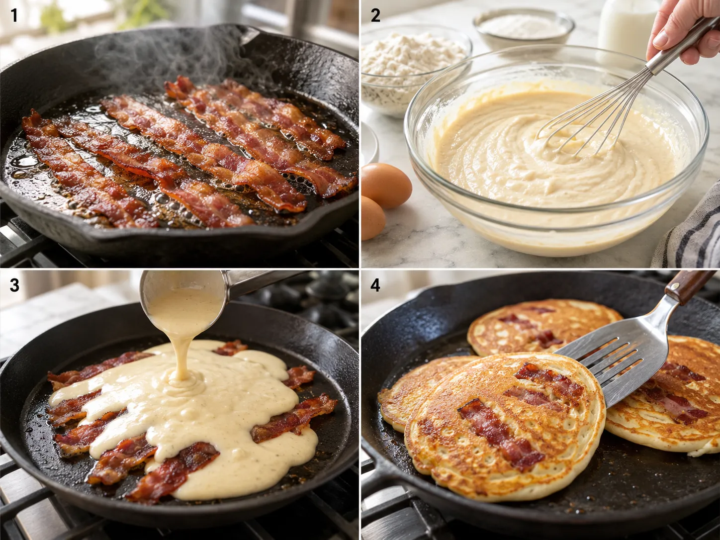Four cooking steps for bacon pancakes from crisping bacon to flipping pancakes