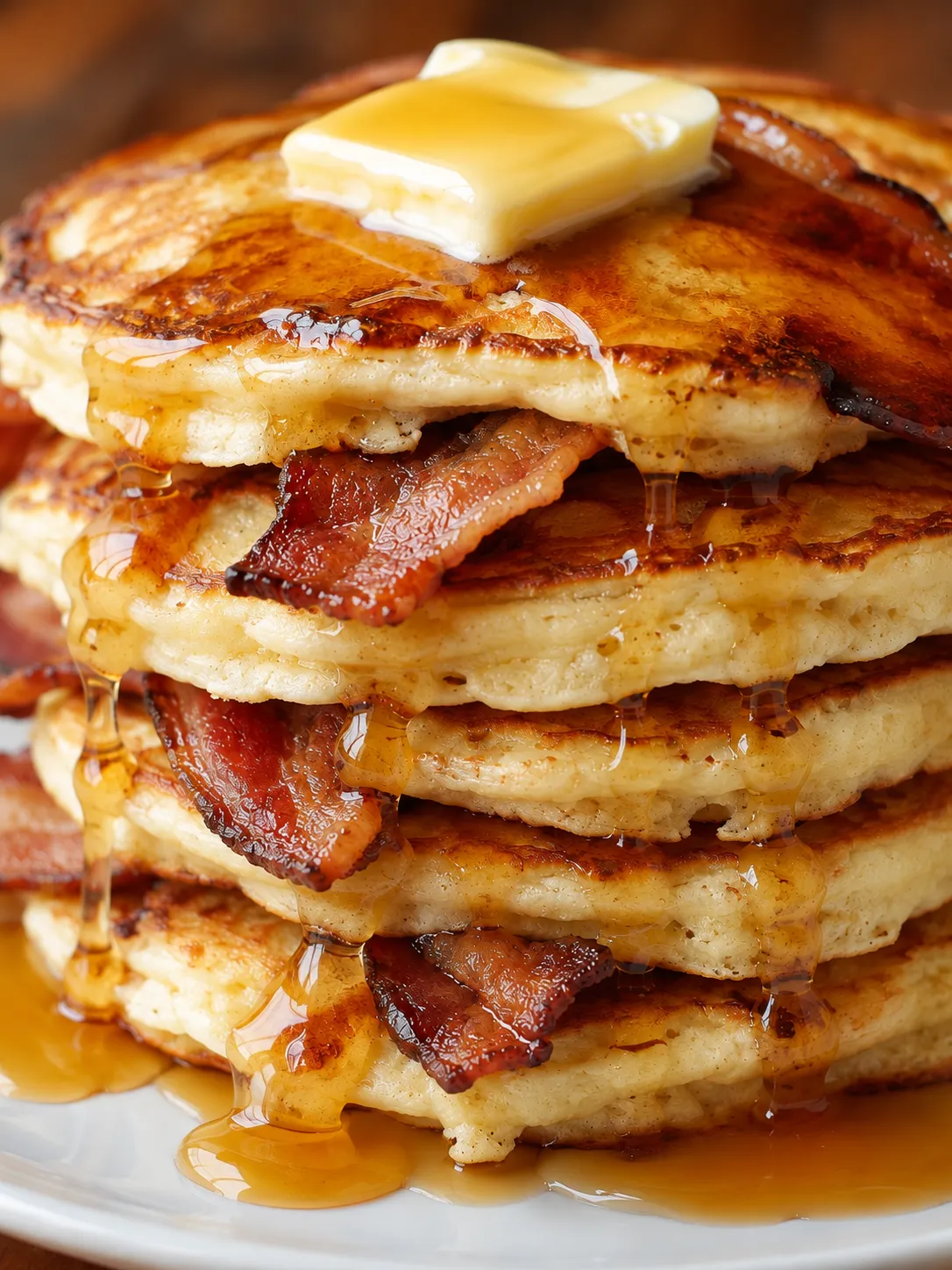 Tall stack of bacon pancakes with maple syrup and butter