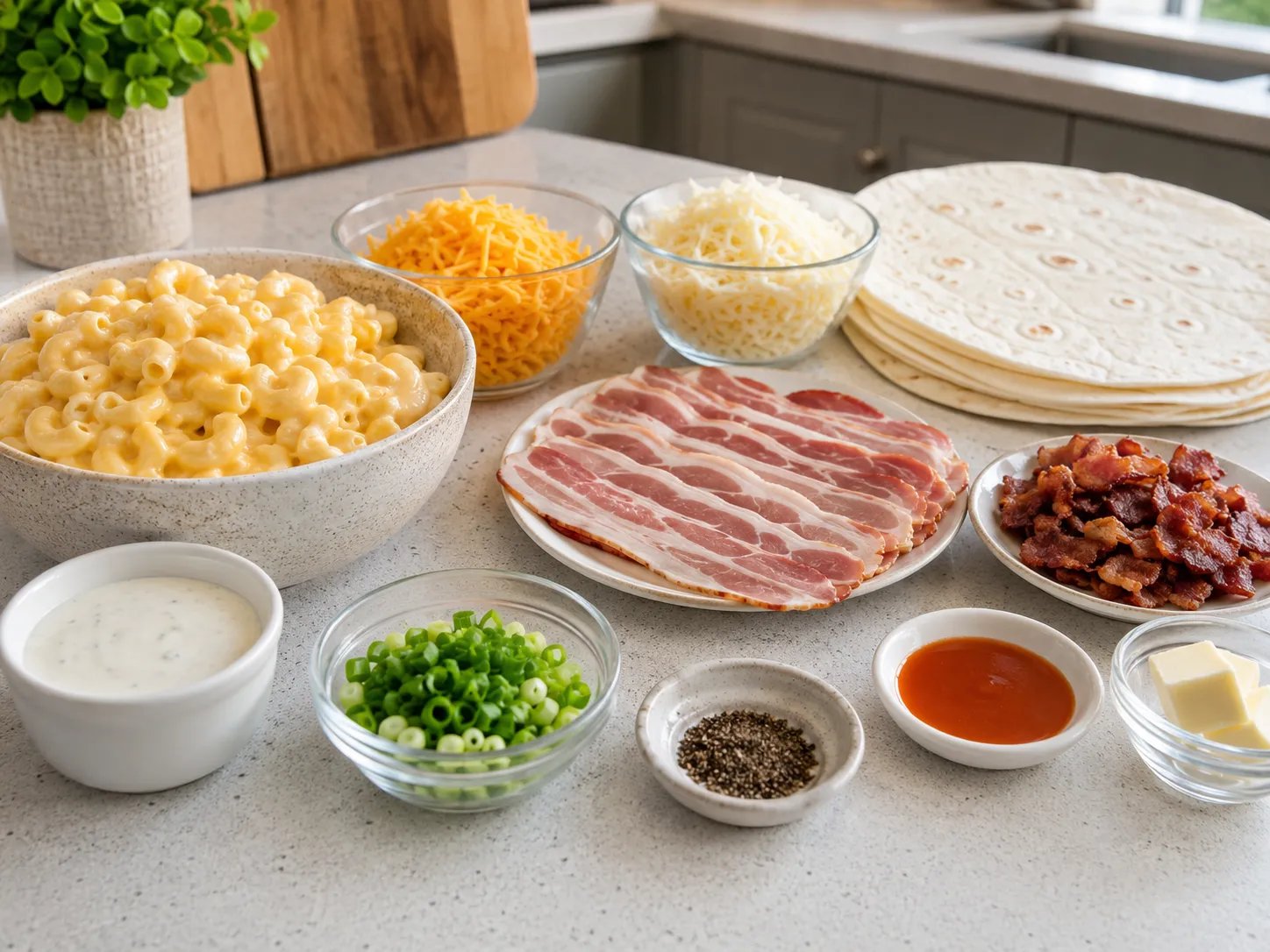 Ingredients for bacon ranch mac and cheese quesadillas on a kitchen counter