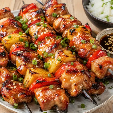 Bacon teriyaki chicken skewers with pineapple, peppers, sesame, and green onions