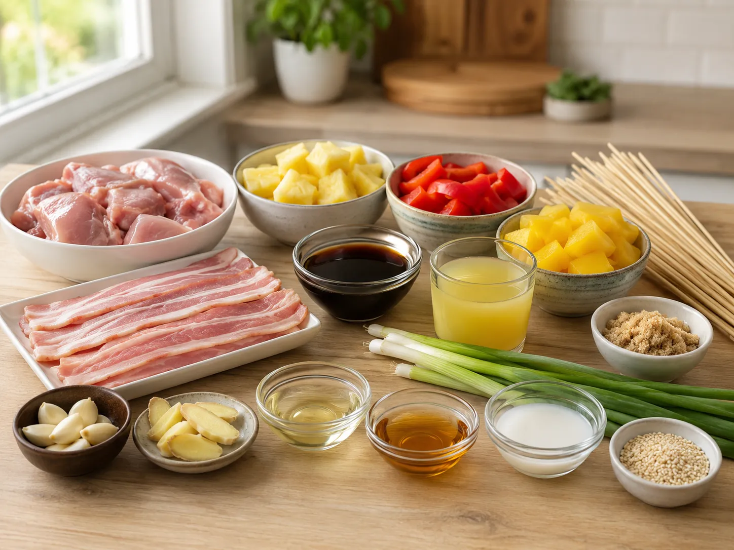 Ingredients for bacon teriyaki chicken skewers with pineapple and peppers