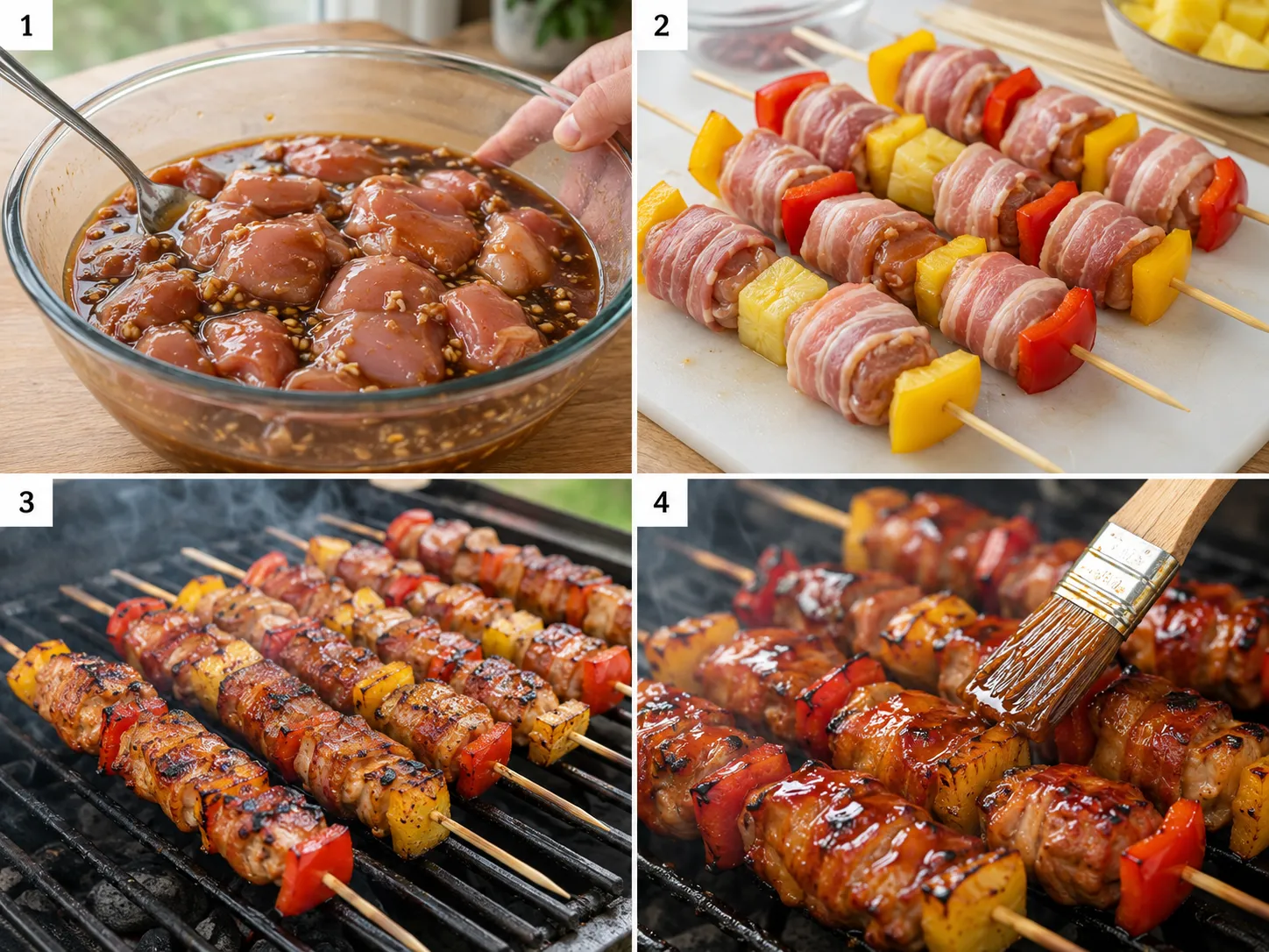 Steps for marinating, threading, grilling, and glazing teriyaki chicken skewers