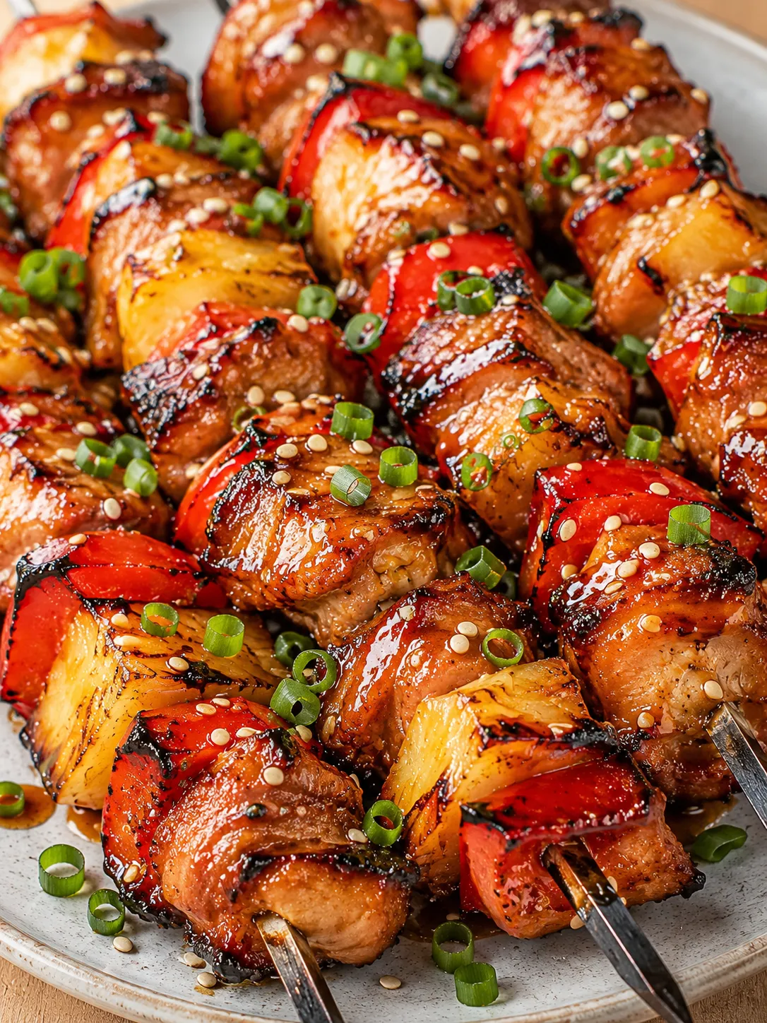 Glazed bacon teriyaki chicken skewers with pineapple, peppers, and sesame seeds