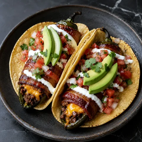 Bacon-wrapped jalapeño popper tacos with crema, avocado, and pico on corn tortillas