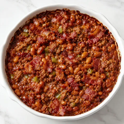 Baked beans and ground beef casserole with bacon in a white dish