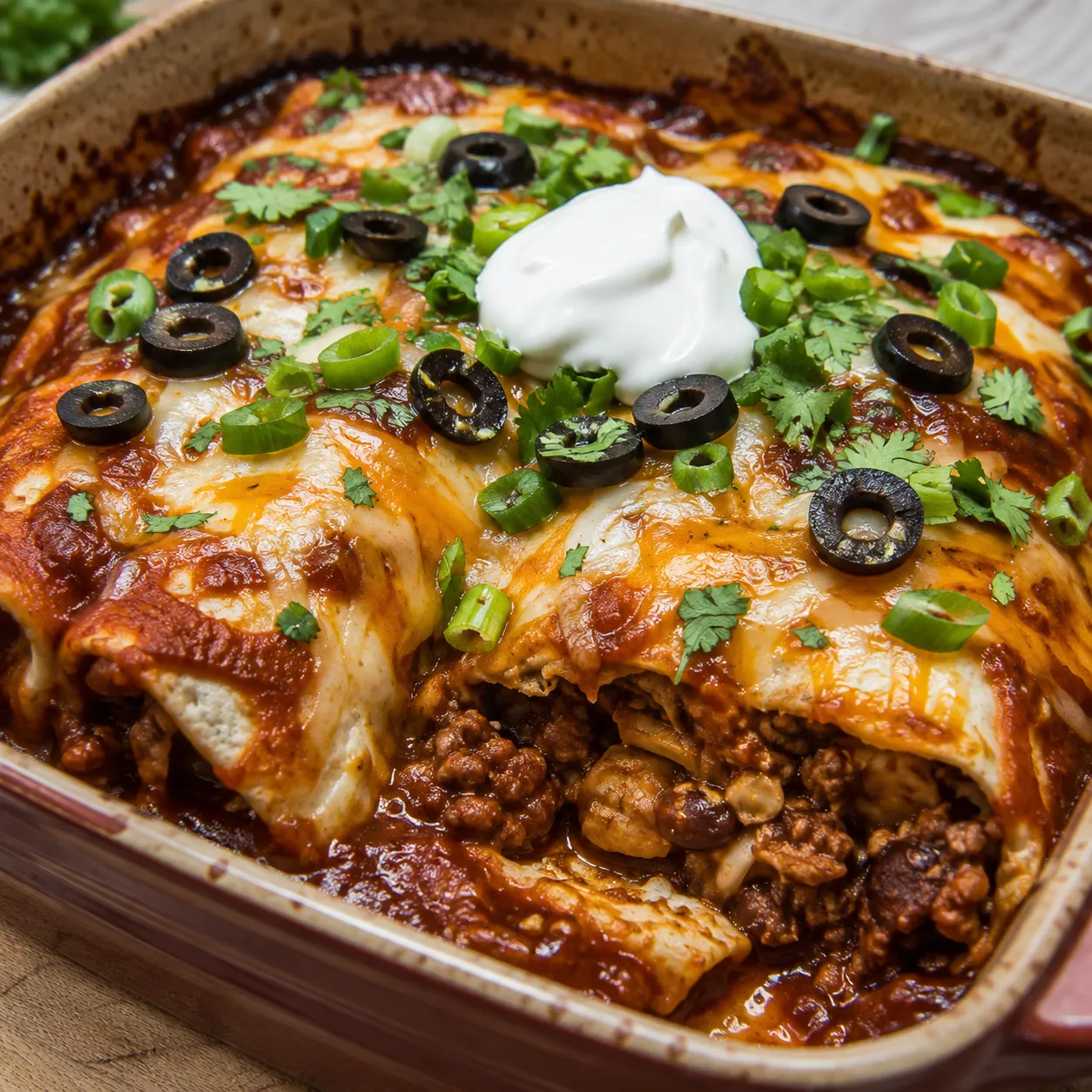 Baked beef and bean enchiritos with red sauce, cheese, olives, and cilantro