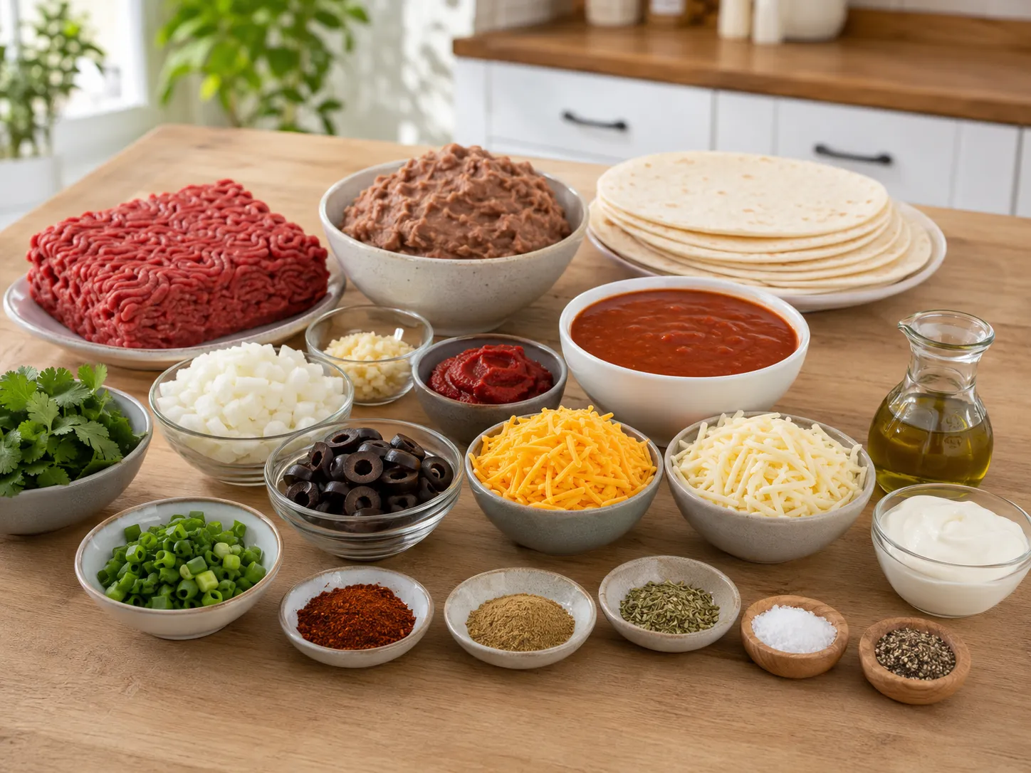 Ingredients for beef and bean enchiritos with tortillas, sauce, cheese, and spices