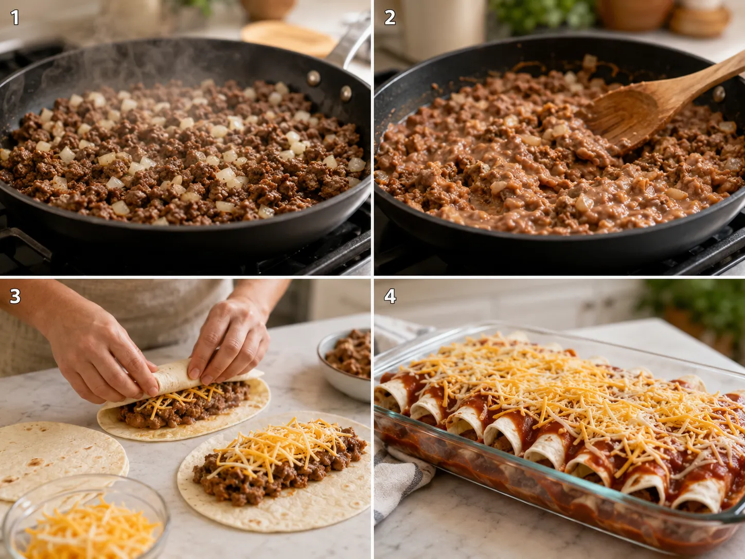 Four cooking steps for beef and bean enchiritos from skillet filling to sauced pan