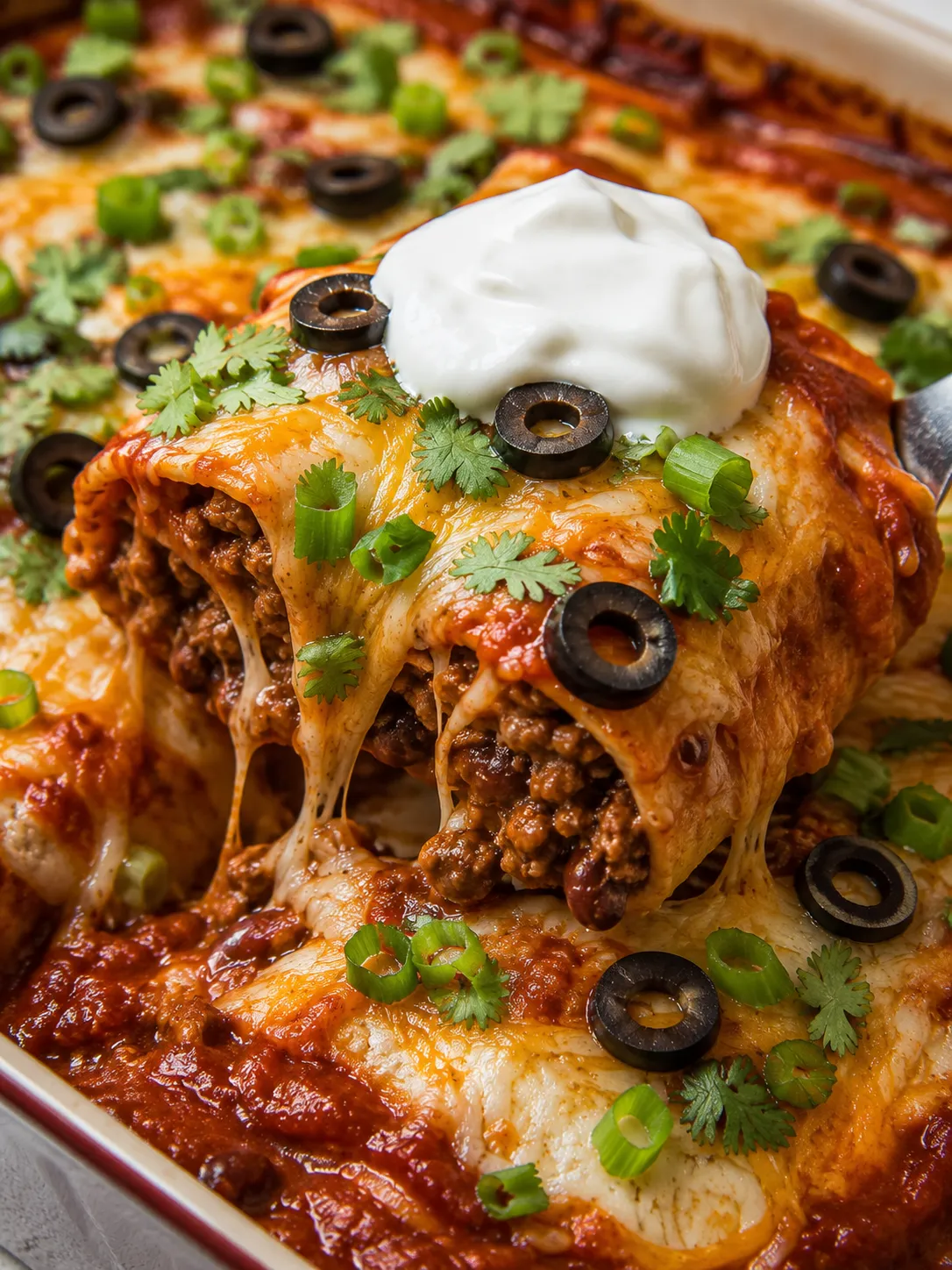 Saucy baked beef and bean enchiritos with melted cheese and sour cream