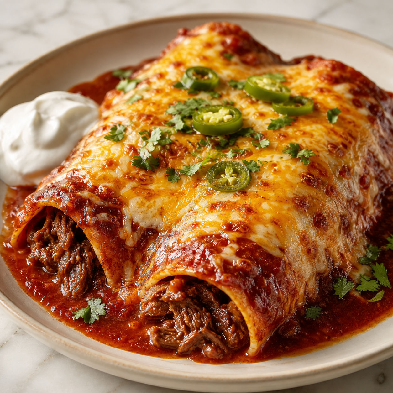 Beef enchiladas with extra melted cheese on top, red enchilada sauce, and fresh cilantro on a ceramic plate