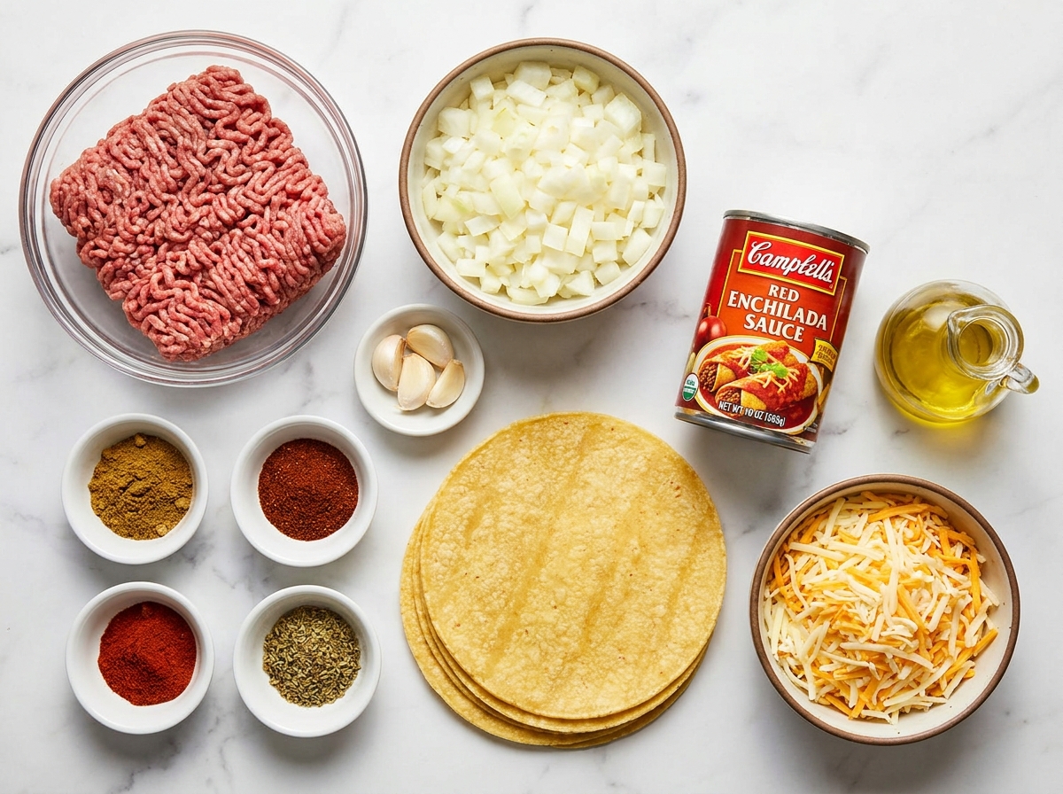 Raw ingredients for beef enchiladas including ground beef, corn tortillas, cheese blend, and red enchilada sauce