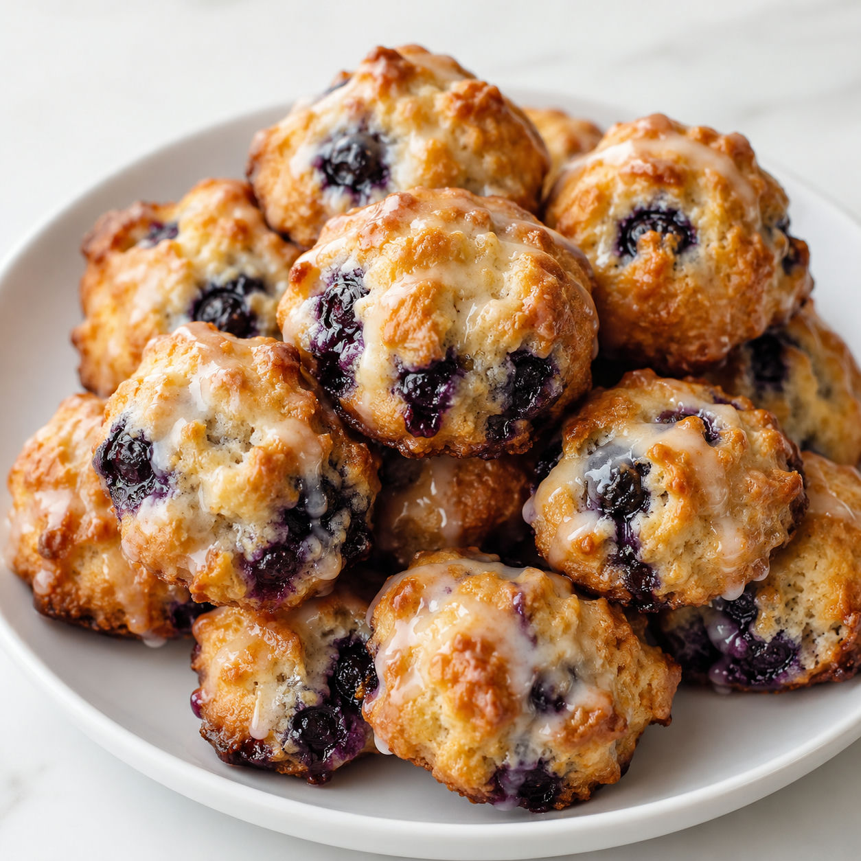 Baked blueberry fritter bites with lemon glaze and fresh blueberries