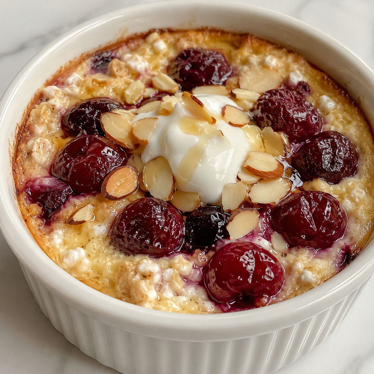 Baked cherry cottage cheese bowl with almonds and Greek yogurt