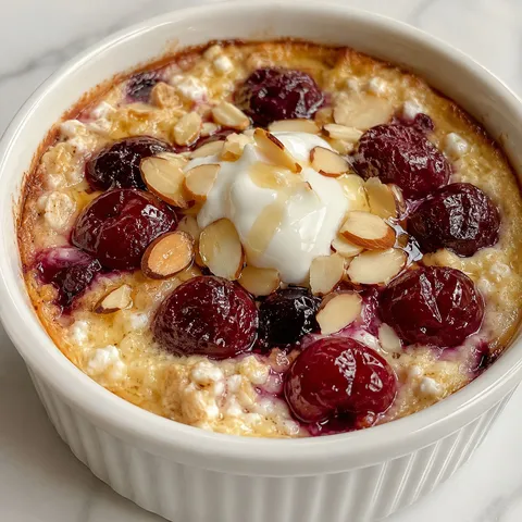Baked cherry cottage cheese bowl with almonds and Greek yogurt