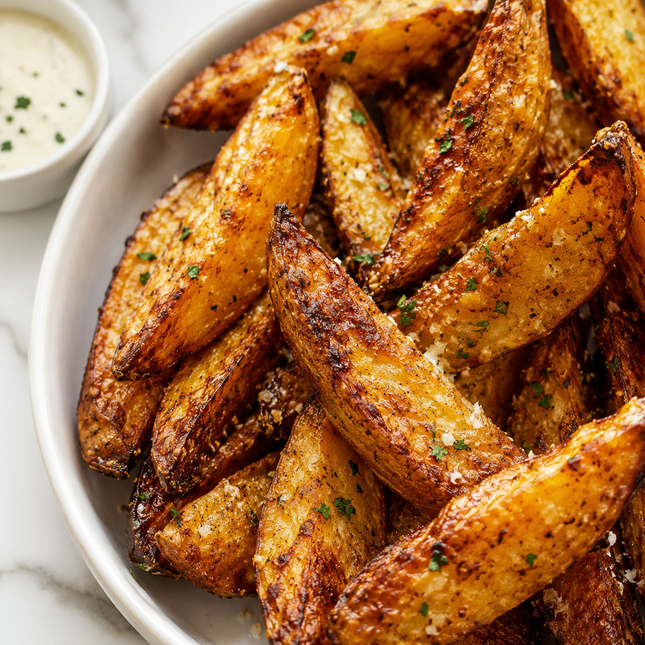 Golden garlic parmesan potato wedges with parsley and creamy dip