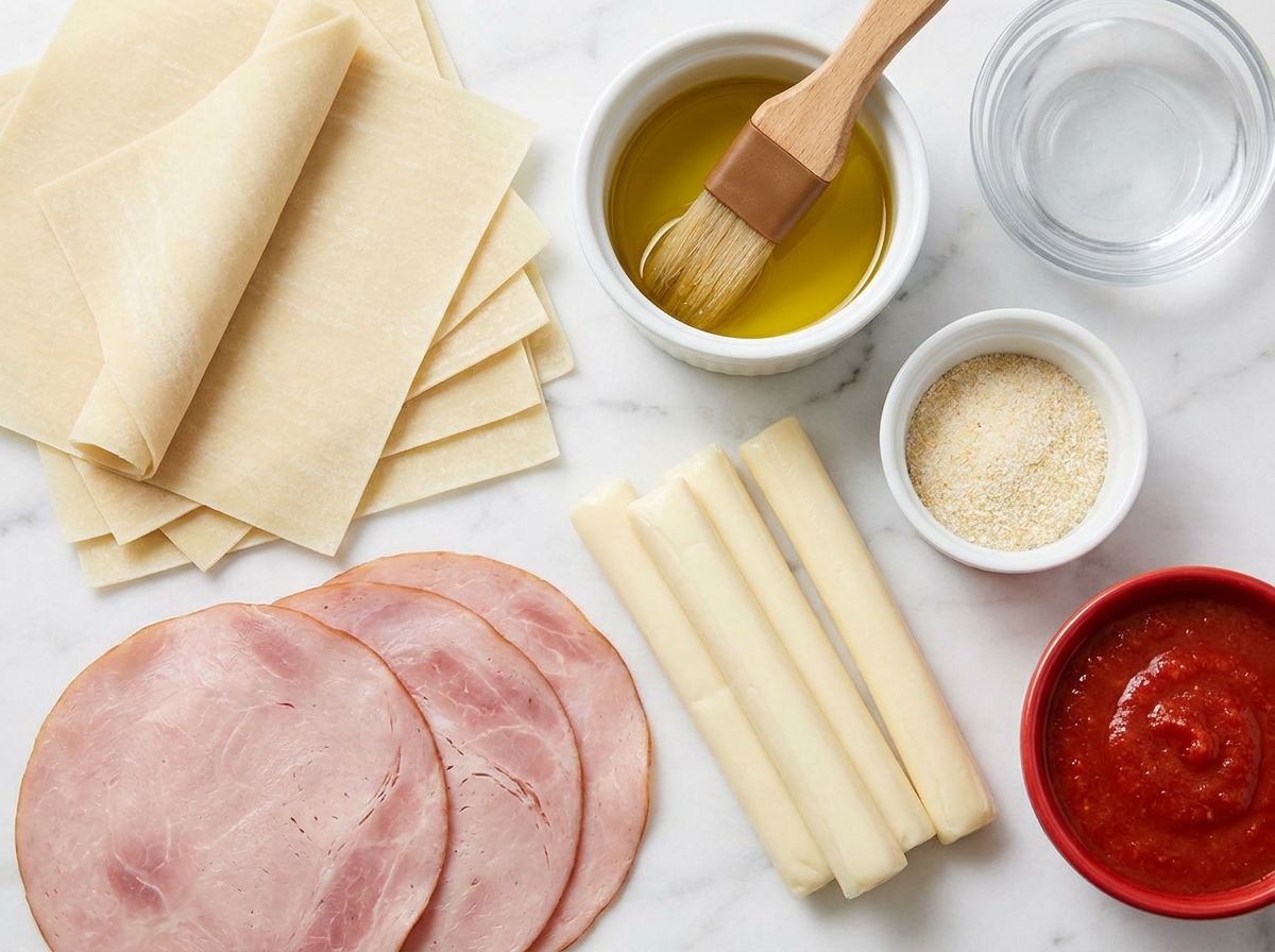 Egg roll wrappers, ham, mozzarella, oil, garlic salt, and marinara