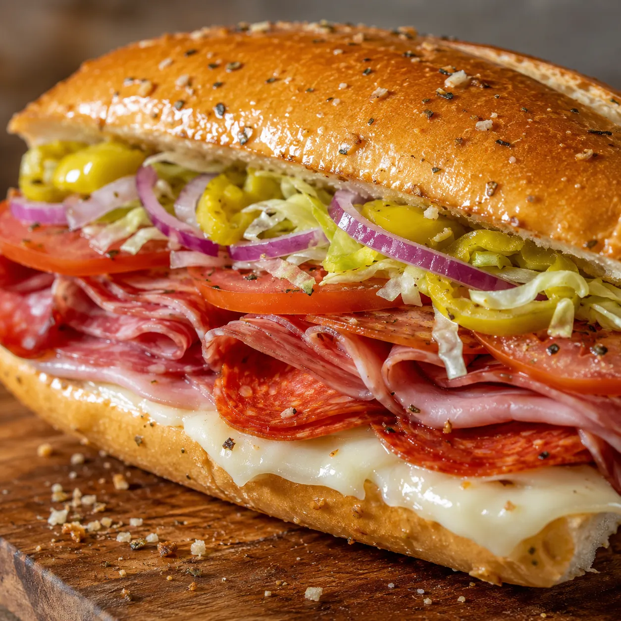 Baked Italian sub sandwich with melted provolone, deli meats, lettuce, and tomato