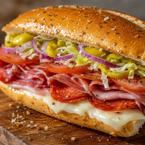Baked Italian sub sandwich with melted provolone, deli meats, lettuce, and tomato