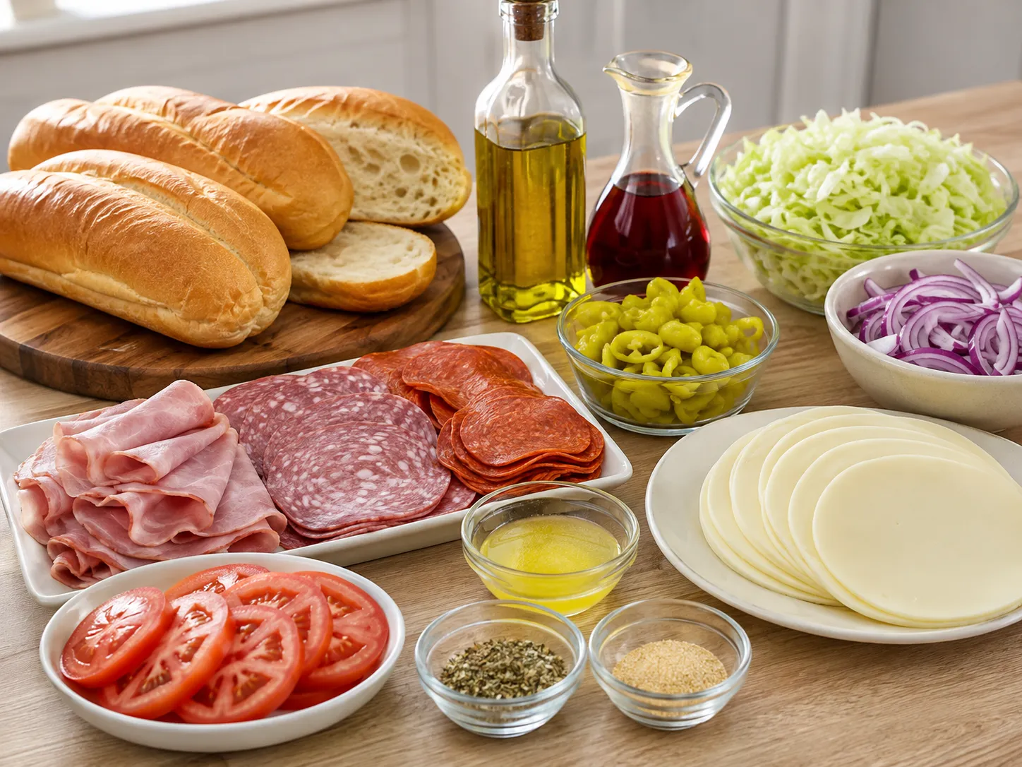 Ingredients for baked Italian subs with hoagie rolls, meats, cheese, and toppings