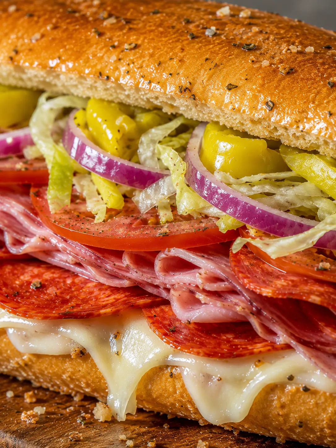 Hot baked Italian sub with melted cheese, deli meats, pepperoncini, and crisp toppings