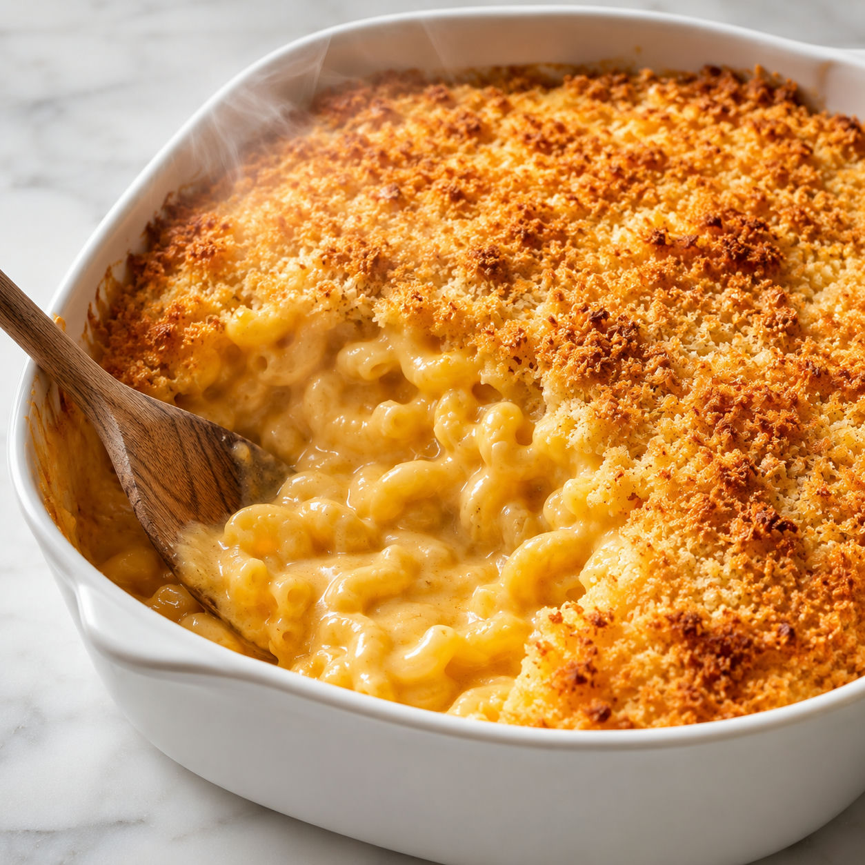 Baked mac and cheese with golden panko crust in a white ceramic casserole dish