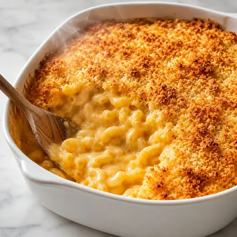Baked mac and cheese with golden panko crust in a white ceramic casserole dish