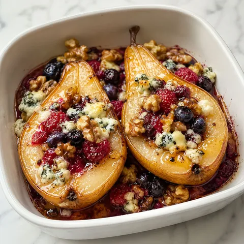 Baked pear halves with burst berries, melted blue cheese, walnuts, and honey drizzle