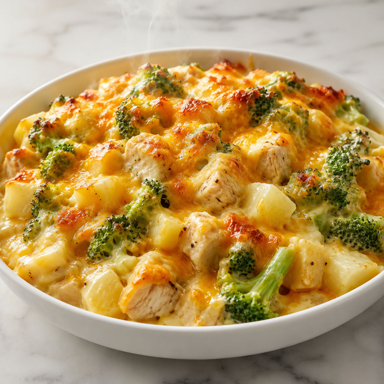 Baked potato chicken and broccoli casserole with golden cheddar in a white bowl