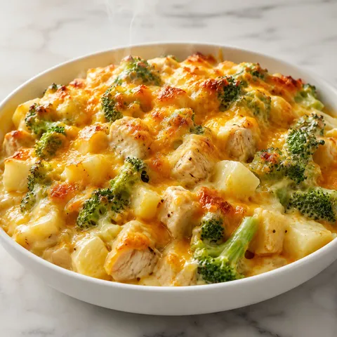 Baked potato chicken and broccoli casserole with golden cheddar in a white bowl