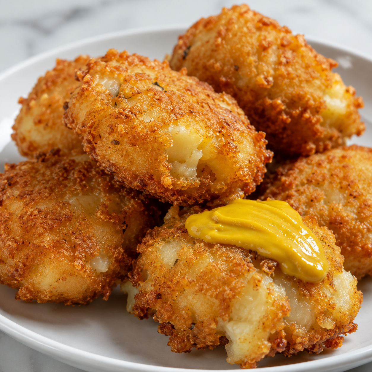 Baltimore coddies with yellow mustard, saltines, and lemon
