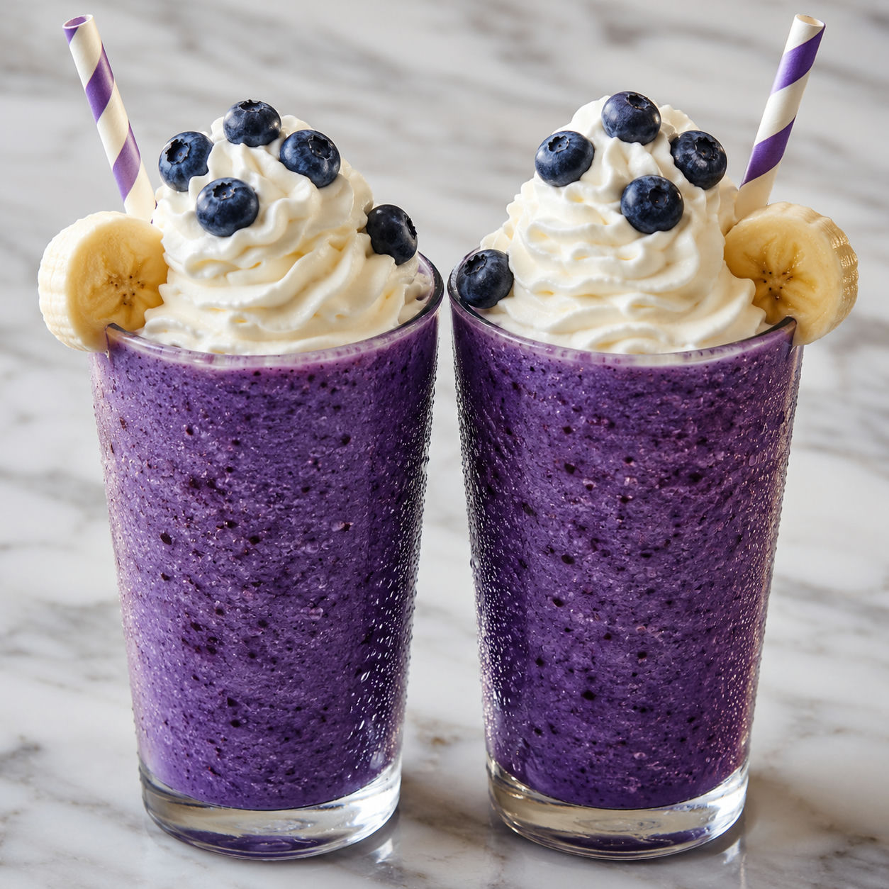 Two tall glasses of Banana Blueberry Whip Frappuccino topped with whipped cream and fresh blueberries