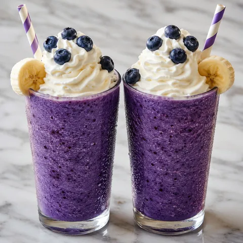 Two tall glasses of Banana Blueberry Whip Frappuccino topped with whipped cream and fresh blueberries
