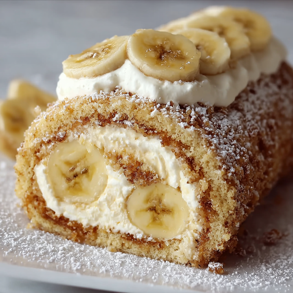Banana Cream Cheesecake Roll with Fluffy Filling and Fresh Bananas