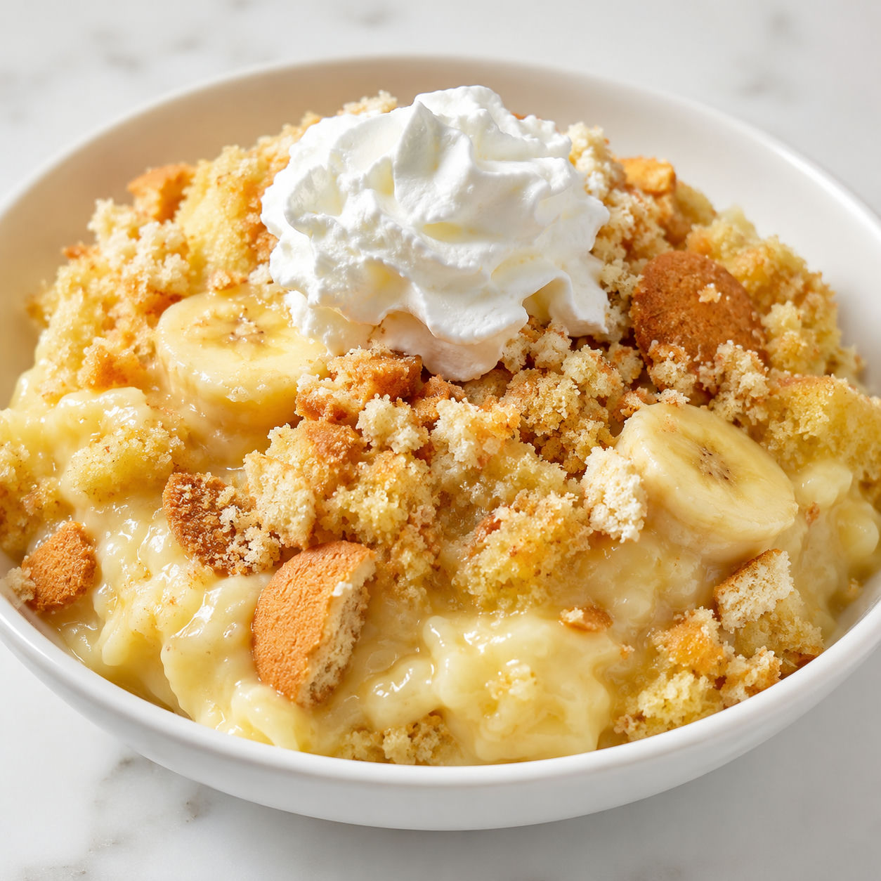 Banana pudding dump cake with whipped cream and vanilla wafer crumbs