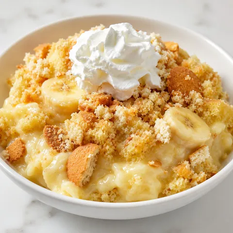 Banana pudding dump cake with whipped cream and vanilla wafer crumbs
