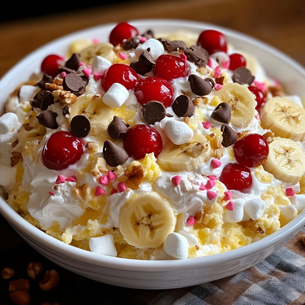 Banana Split Fluff with Pineapple, Chocolate, and Cherries