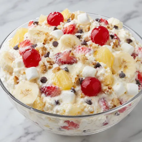Banana split fluff with cherries, chocolate chips, marshmallows, and walnuts