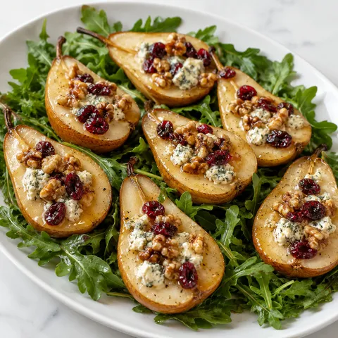 Roasted pear and blue cheese salad with arugula, walnuts, and cranberries
