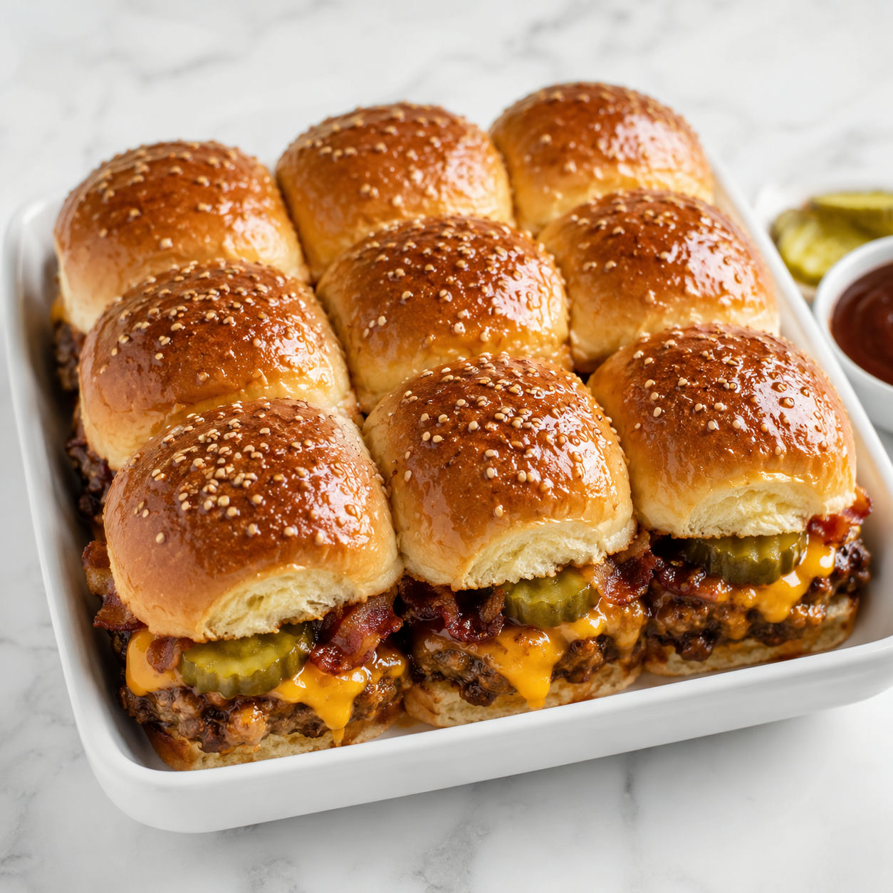 BBQ bacon cheeseburger sliders with cheddar, bacon, and pickles