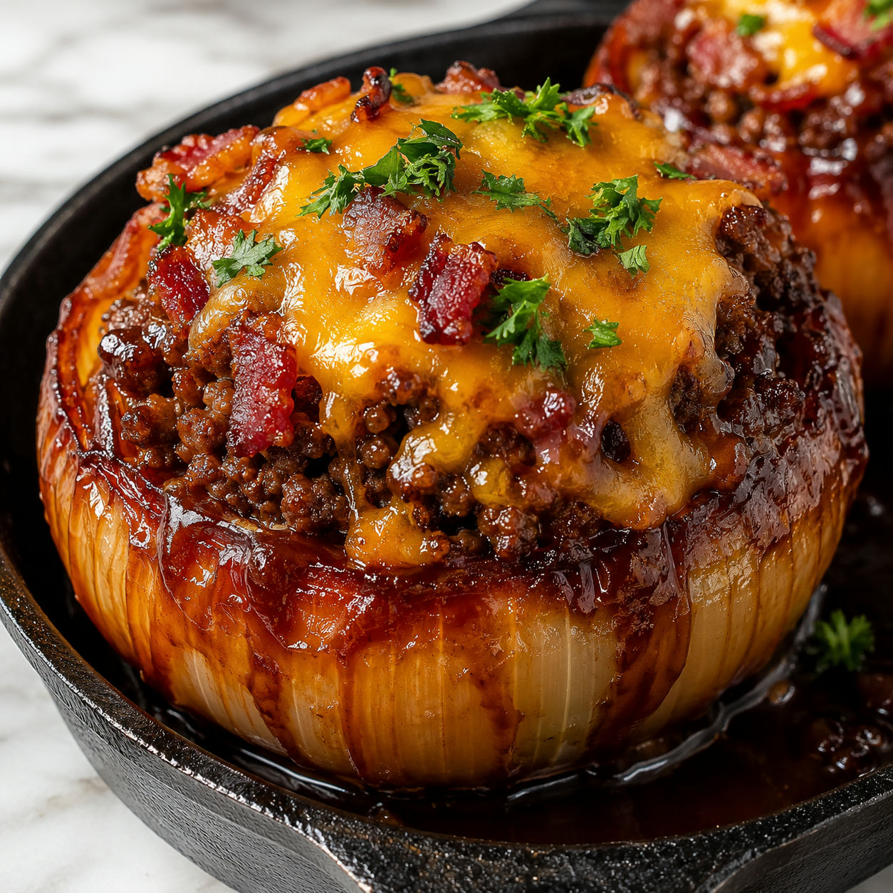 BBQ bacon cheeseburger stuffed onion with melted cheddar and parsley in a cast-iron skillet