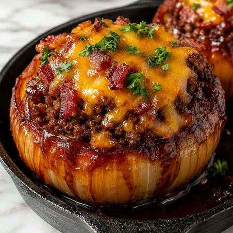 BBQ bacon cheeseburger stuffed onion with melted cheddar and parsley in a cast-iron skillet