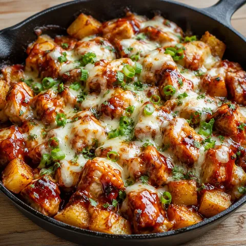 BBQ chicken and potato skillet with melted cheese and scallions
