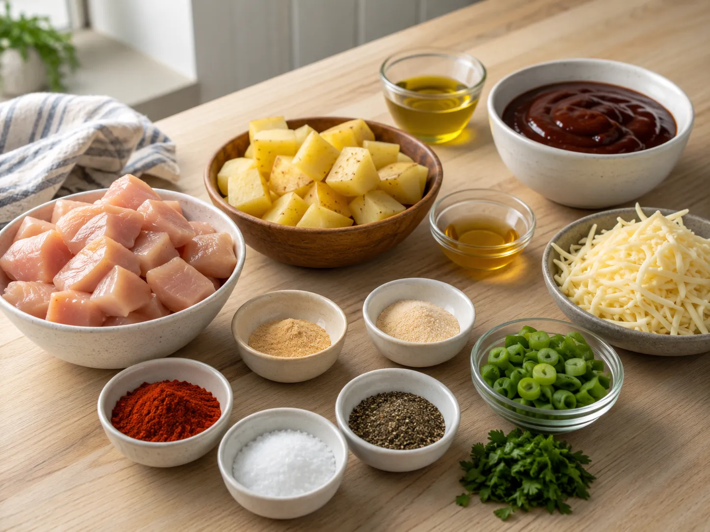 Ingredients for BBQ chicken and potato skillet on a wood surface