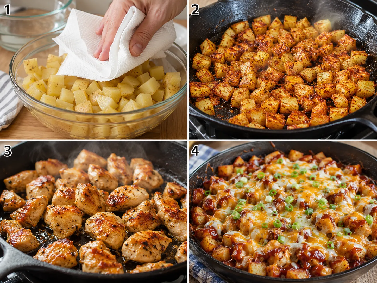 Four cooking steps for BBQ chicken and potato skillet