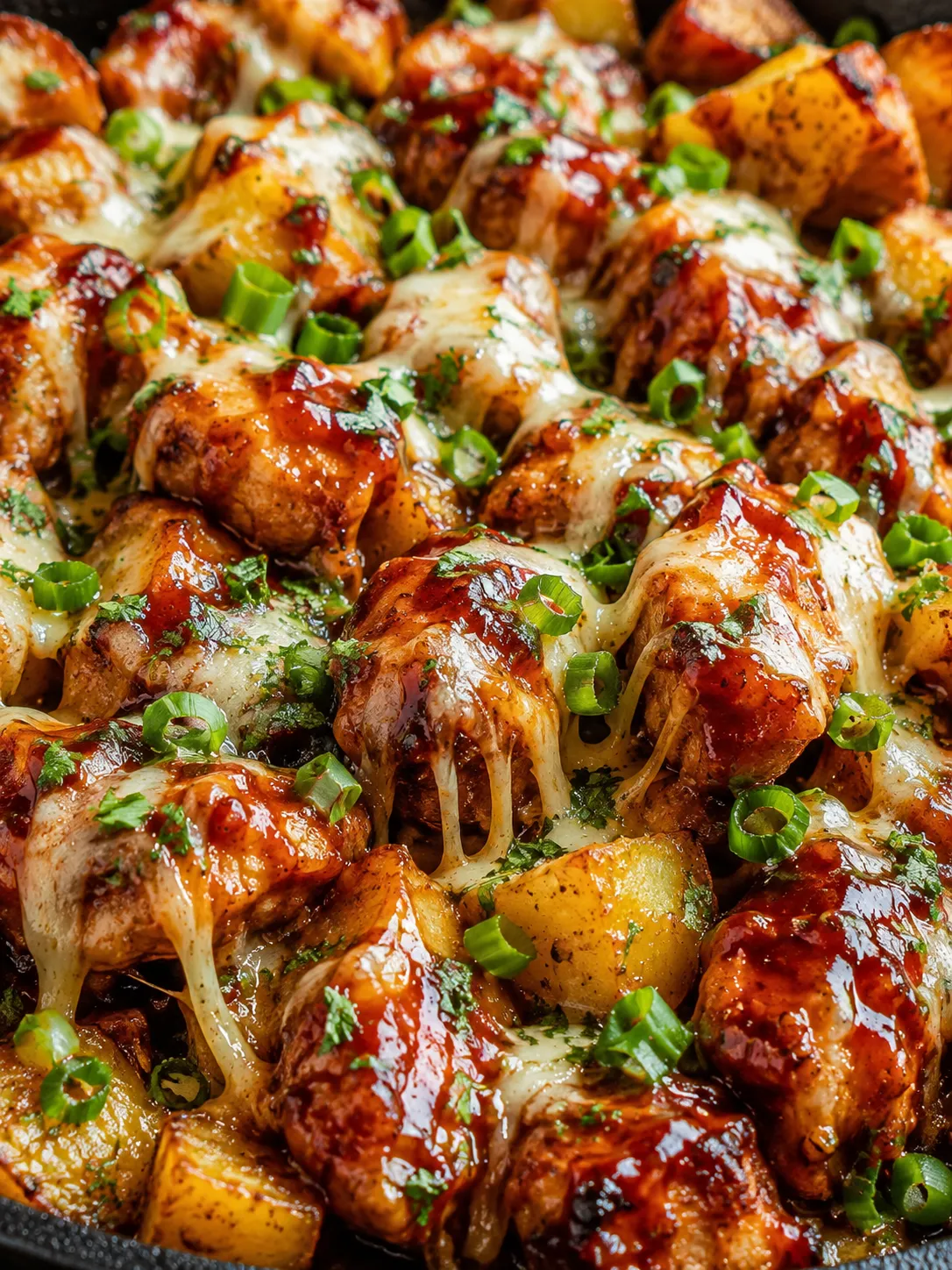 Cheesy BBQ chicken and potatoes with scallions in a skillet