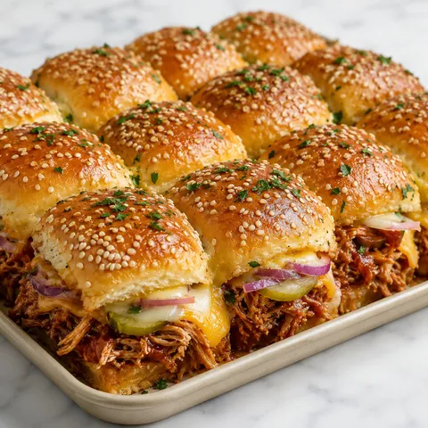 BBQ pulled chicken sliders with melted cheese and pickles on soft rolls