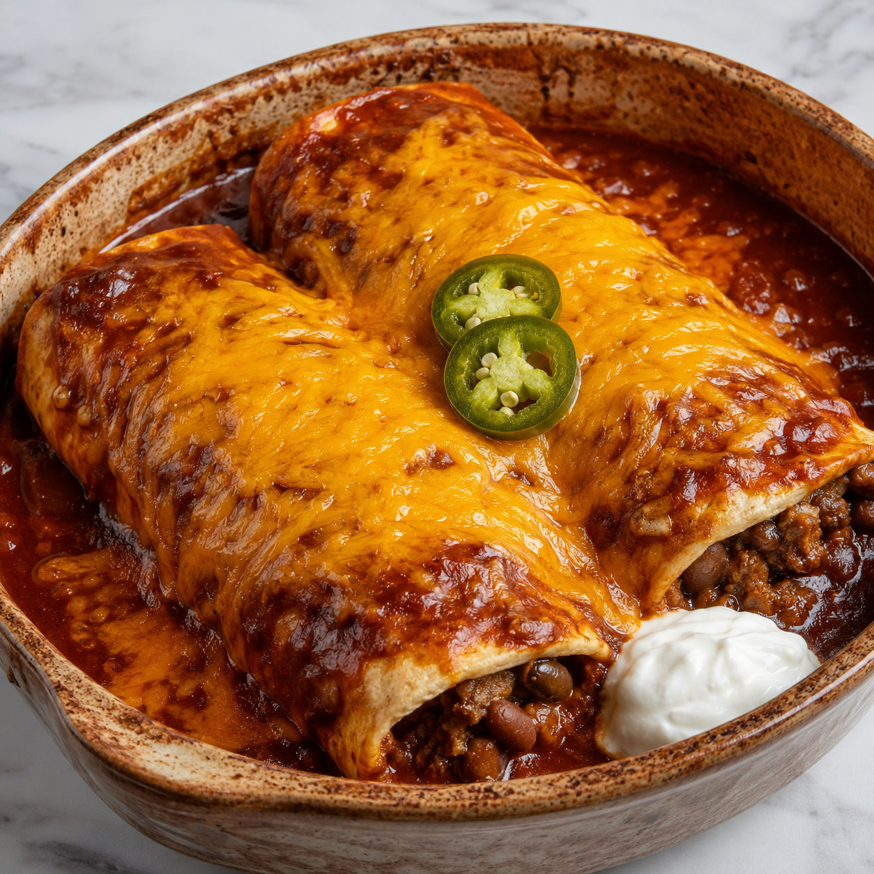 Beef and bean burritos smothered in red chile sauce with melted cheddar and sour cream in a baking dish