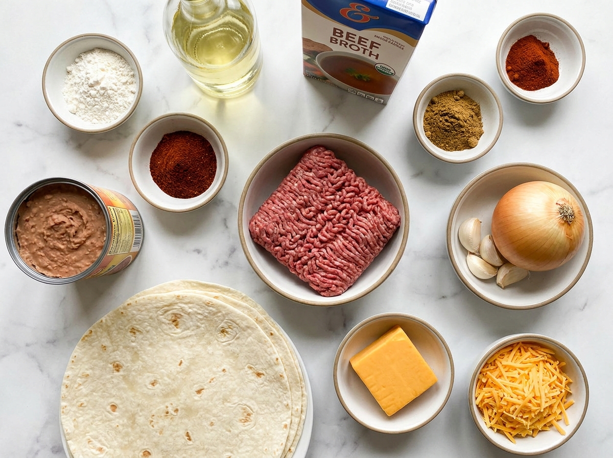 Raw ingredients for beef and bean burritos with red chile sauce arranged on a wooden surface