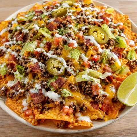 Beef bacon Doritos nachos with melted cheese, pico, jalapenos, and ranch crema
